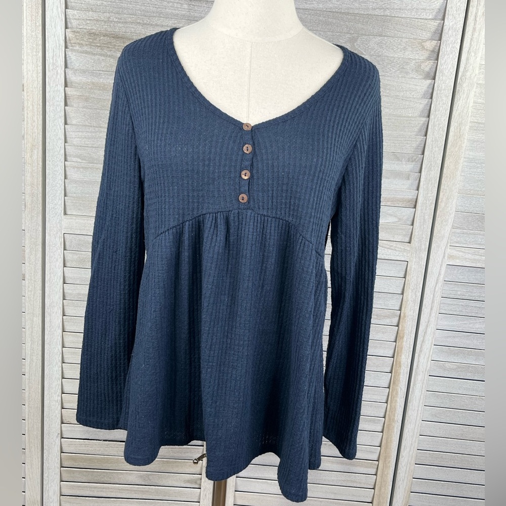 MIA & TESS Thermal Knit Peplum Long Sleeve Top Navy-Medium